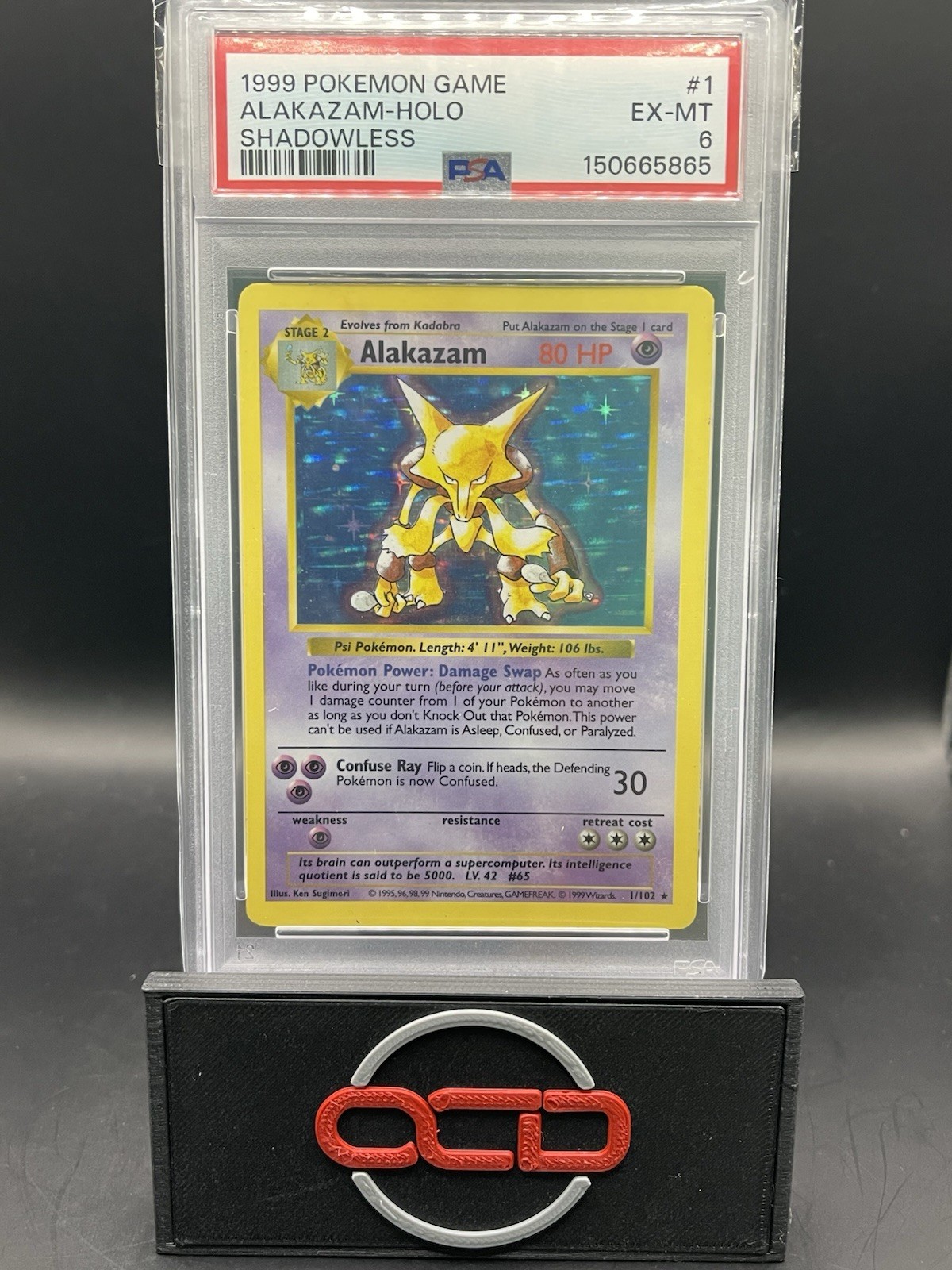 1999 Pokémon Alakazam 001/102 Base Set Shadowless Holo Rare PSA 6