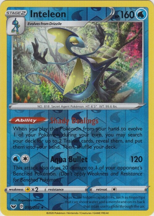 Pokemon – Inteleon – 058/202 – Reverse Holo Ra – SWORD & SHIELD BASE SET – NM/M