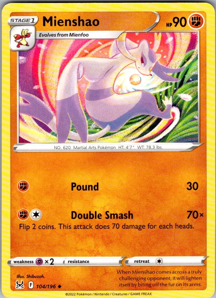Mienshao Lost Origin 104/196 Uncommon Pokemon Near Mint