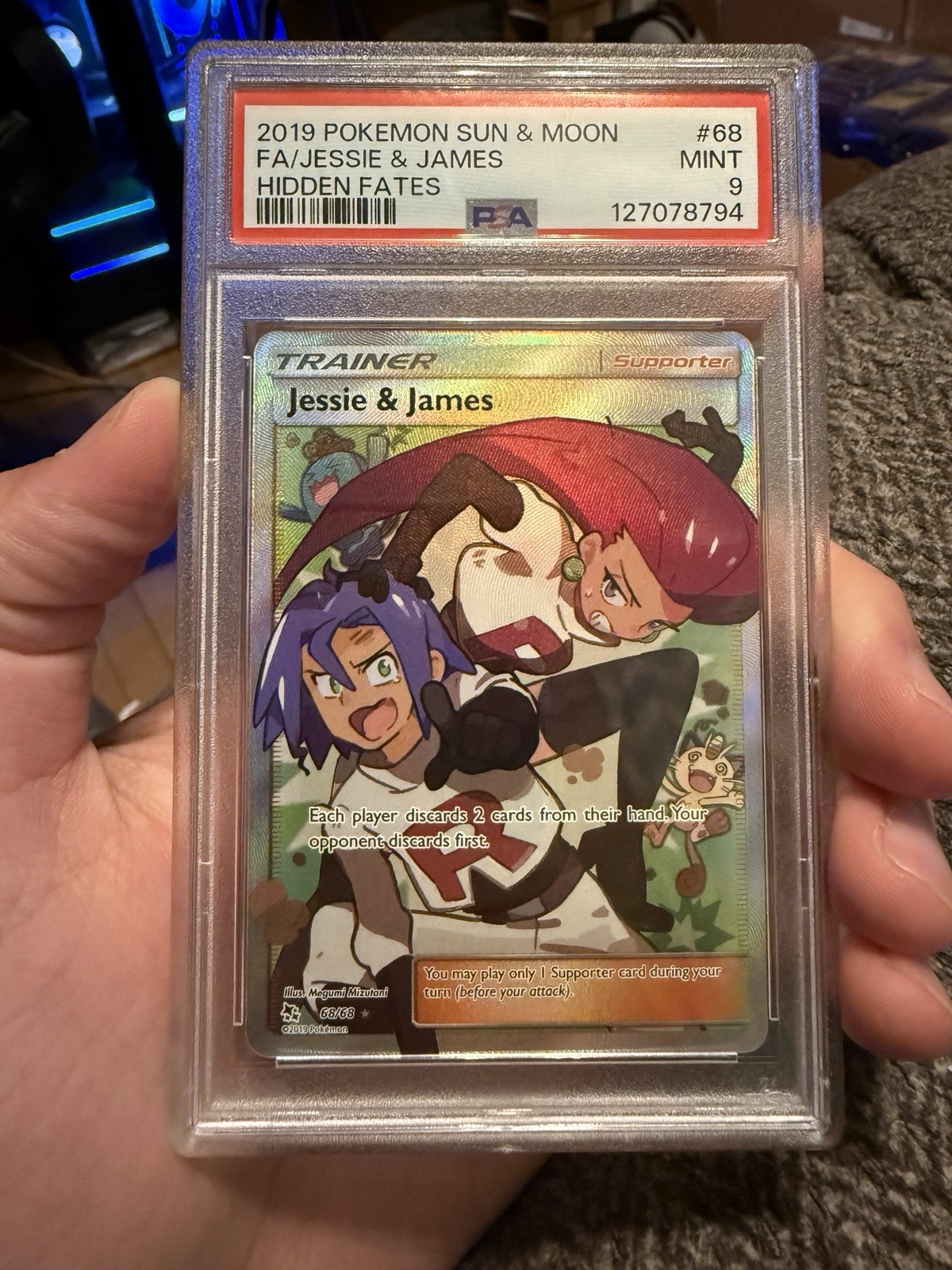 2019 POKEMON SUN & MOON HIDDEN FATES #68 FULL ART/JESSIE & JAMES PSA 9