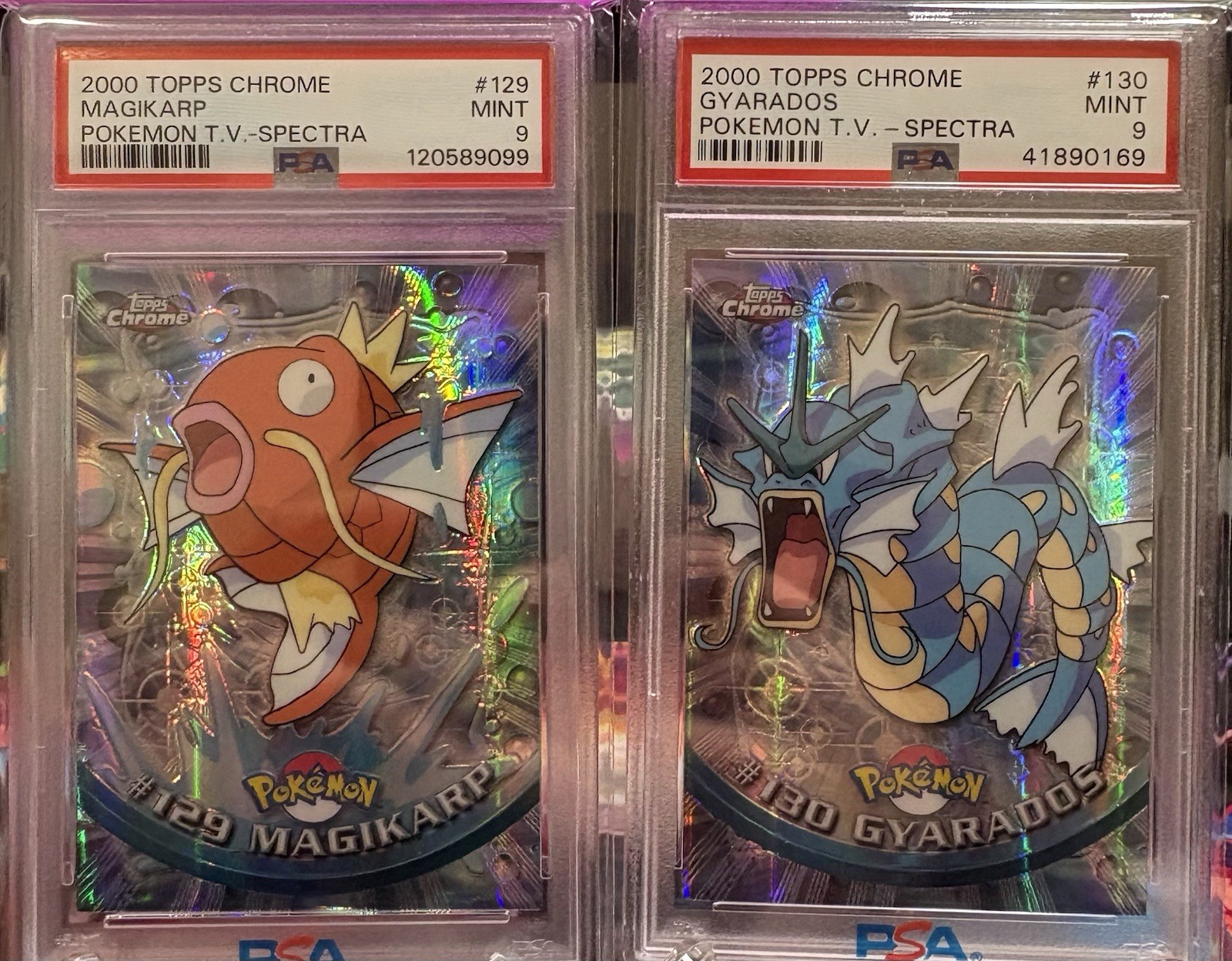 Topps Chrome Pokemon Series 2 Magikarp #129 & Gyarados #130 Spectra-Chrome PSA 9