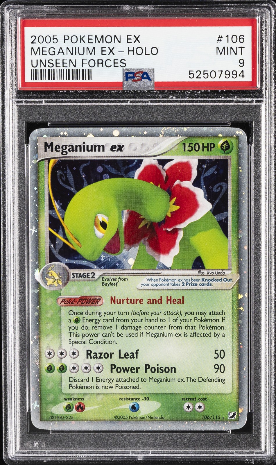 2005 POKEMON EX UNSEEN FORCES #106 MEGANIUM EX-HOLO PSA 9