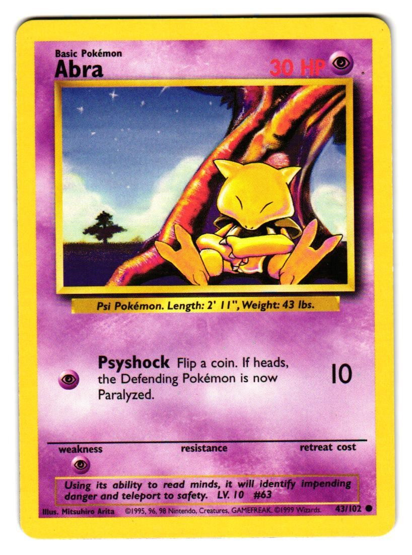 Abra 43/102 Common Base Set Unlimited Pokemon Lightly Played