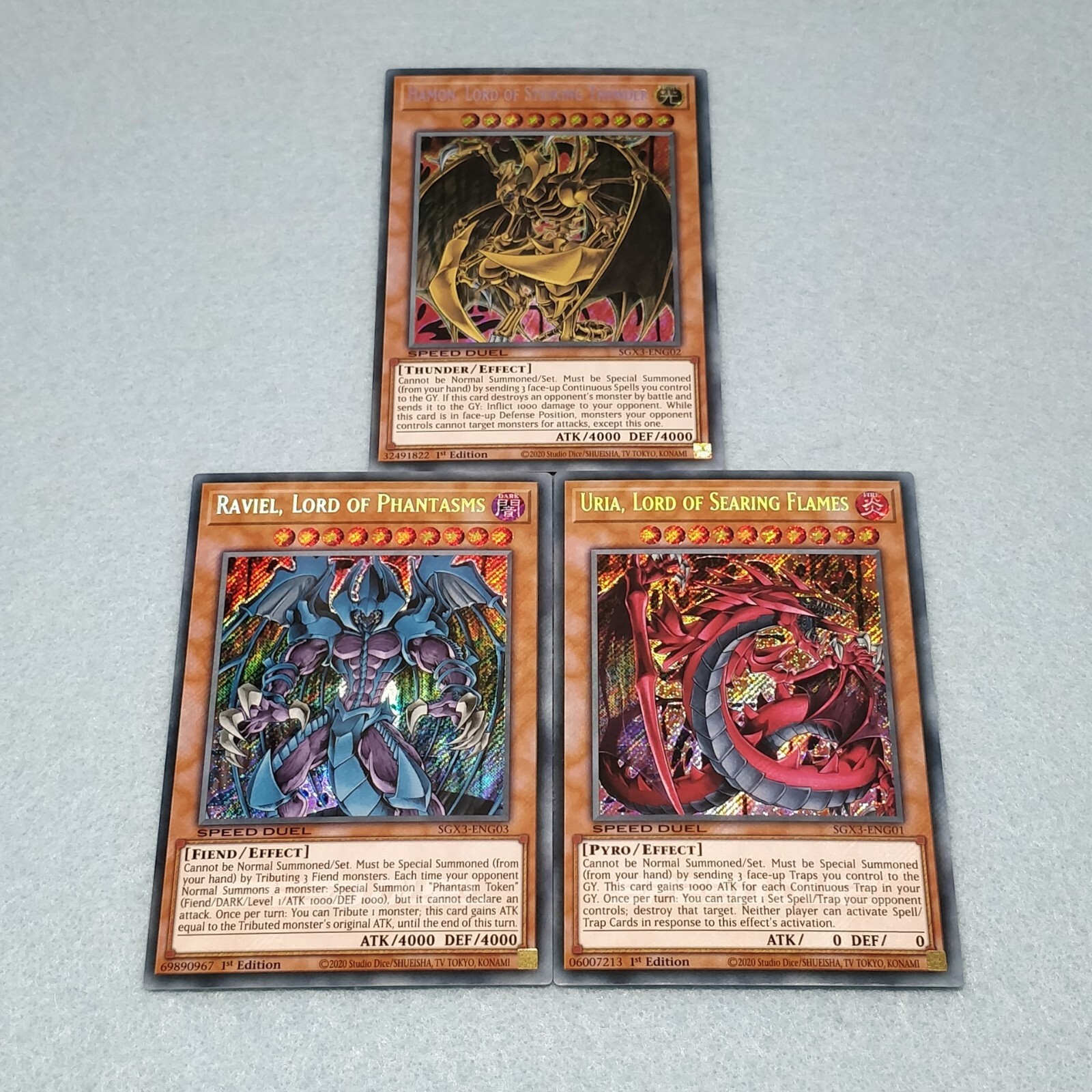 Yugioh GX Sacred Beast God Cards Raviel Uria Hamon Secret Rare 3 Card Set SGX3