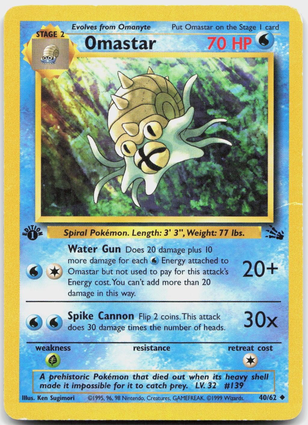 Omastar 40/62 Uncommon Fossil Pokemon 1st Edition Moderately Played