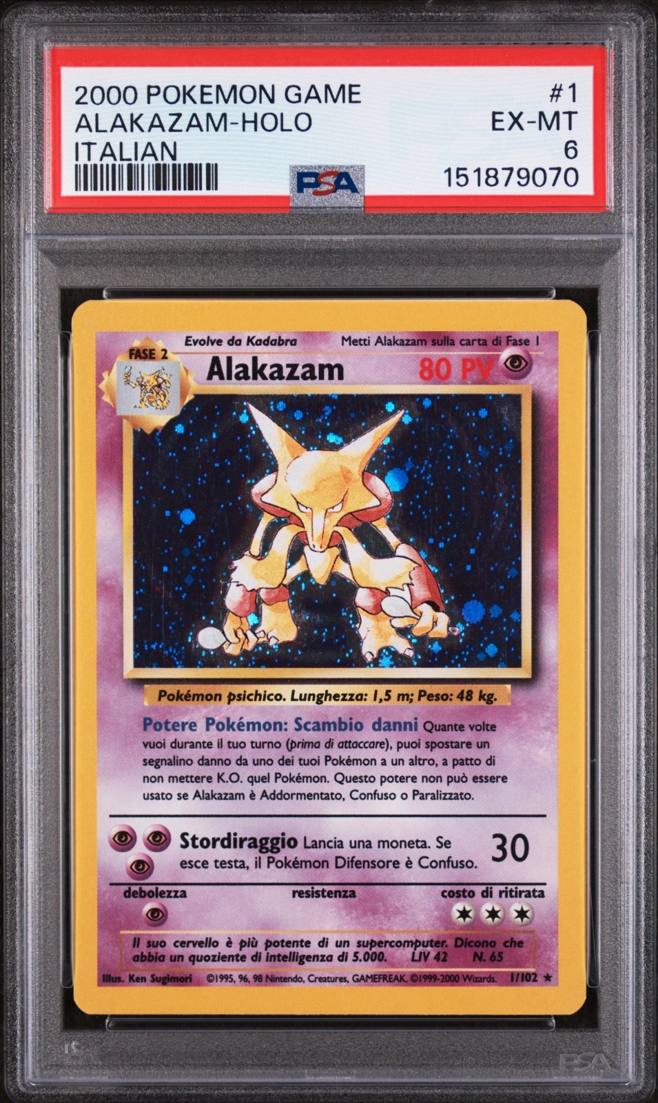 2000 Pokemon ITALIAN Unlimited Base Set Alakazam Holo 1/102 PSA 6 EX-MT