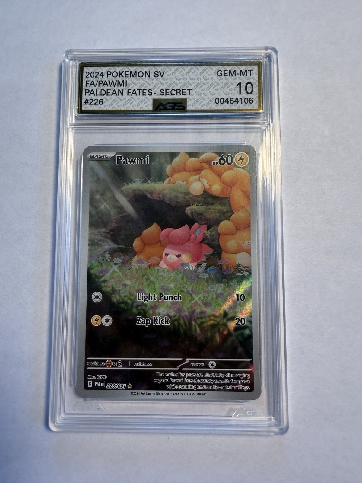 2024 Pokemon Pawmi 226/091 Paldean Fates Illustration Rare AGS GEM MINT 10