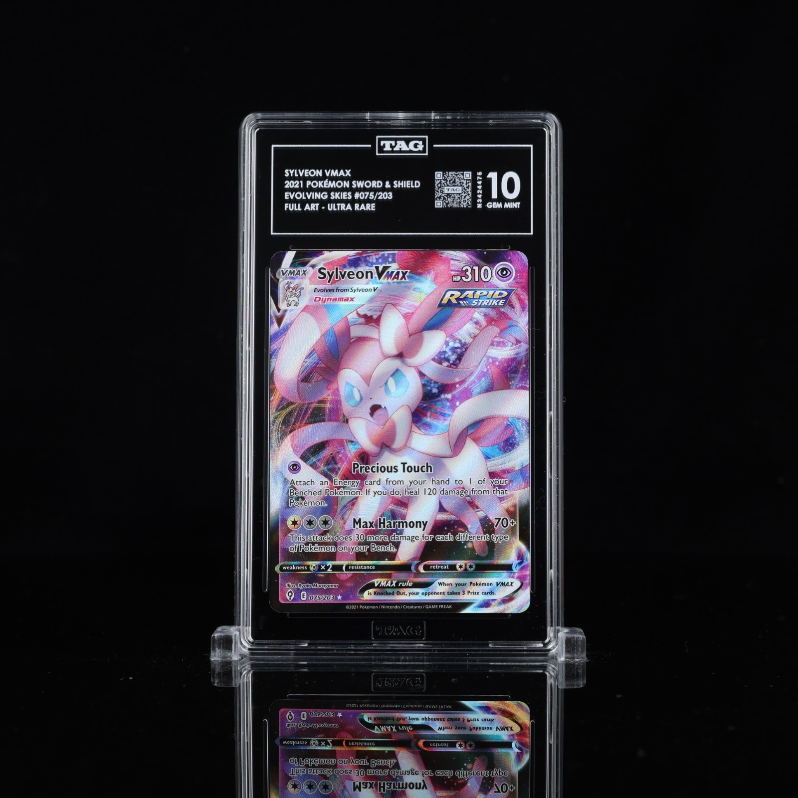 #1 TOP RANK TAG 10 Sylveon VMAX 075/203 SWSH07: Evolving Skies Holo Gem Mint 10