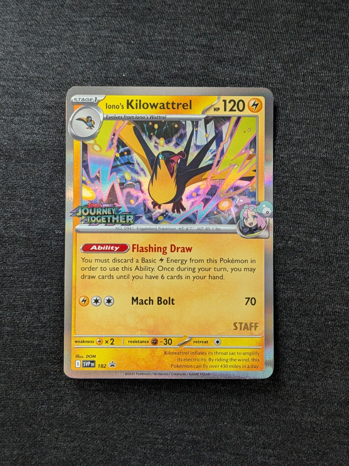 Iono’s Kilowattrel SVP 182 Pokemon Journey Together Prerelease STAFF Promo