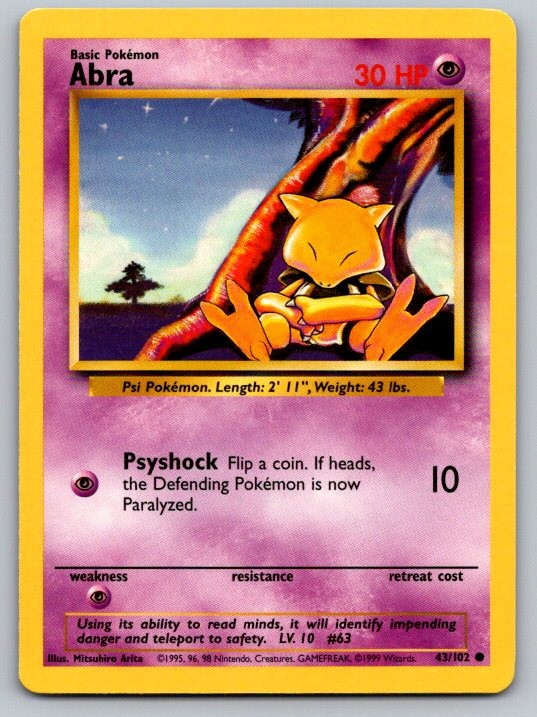 Abra 43/102 Common Base Set Unlimited Pokemon Lightly Played