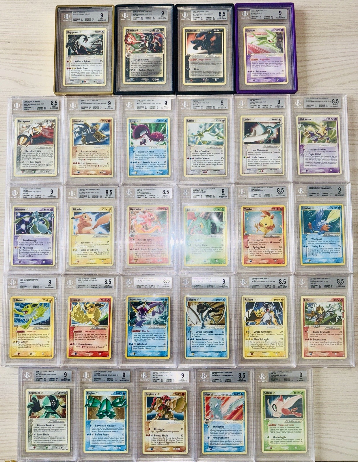 Pokemon Rayquaza Umbreon Espeon Charizard Gold Star Complete 27/27 🇮🇹 BGS8.5/9