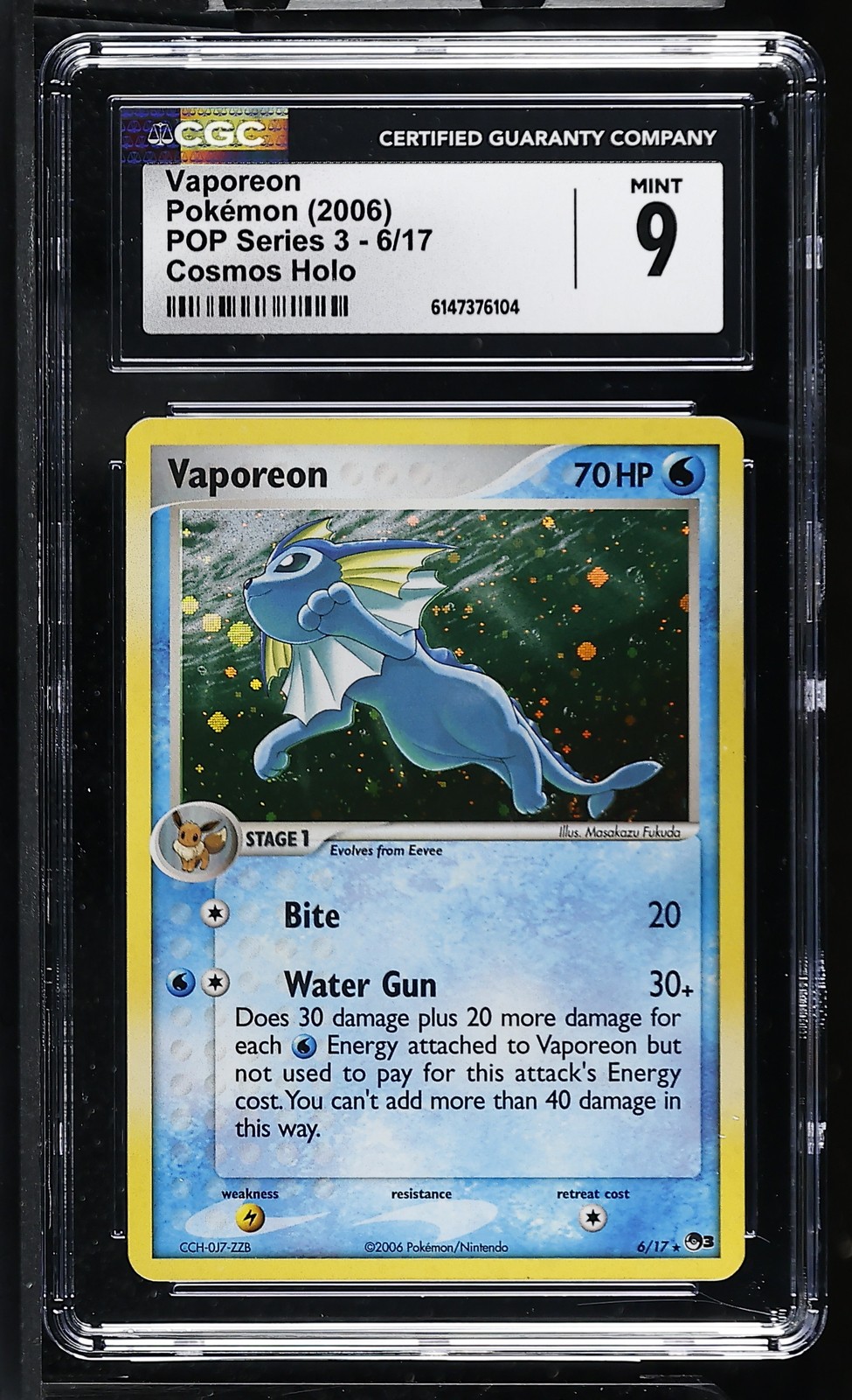 CGC 9 MINT Vaporeon 6/17 Pop Series 3 Cosmos Holo Pokemon Card