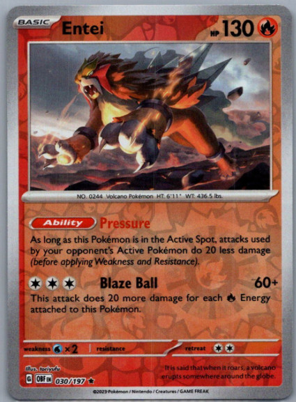 Entei – 030/197 – Obsidian Flames – Reverse Holo Rare – NM/M