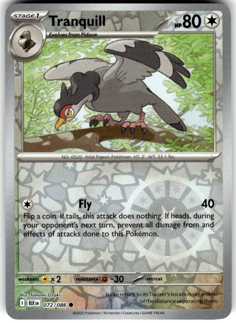 Tranquill 072/086 Common Black Bolt Pokemon Reverse Holo NM/M