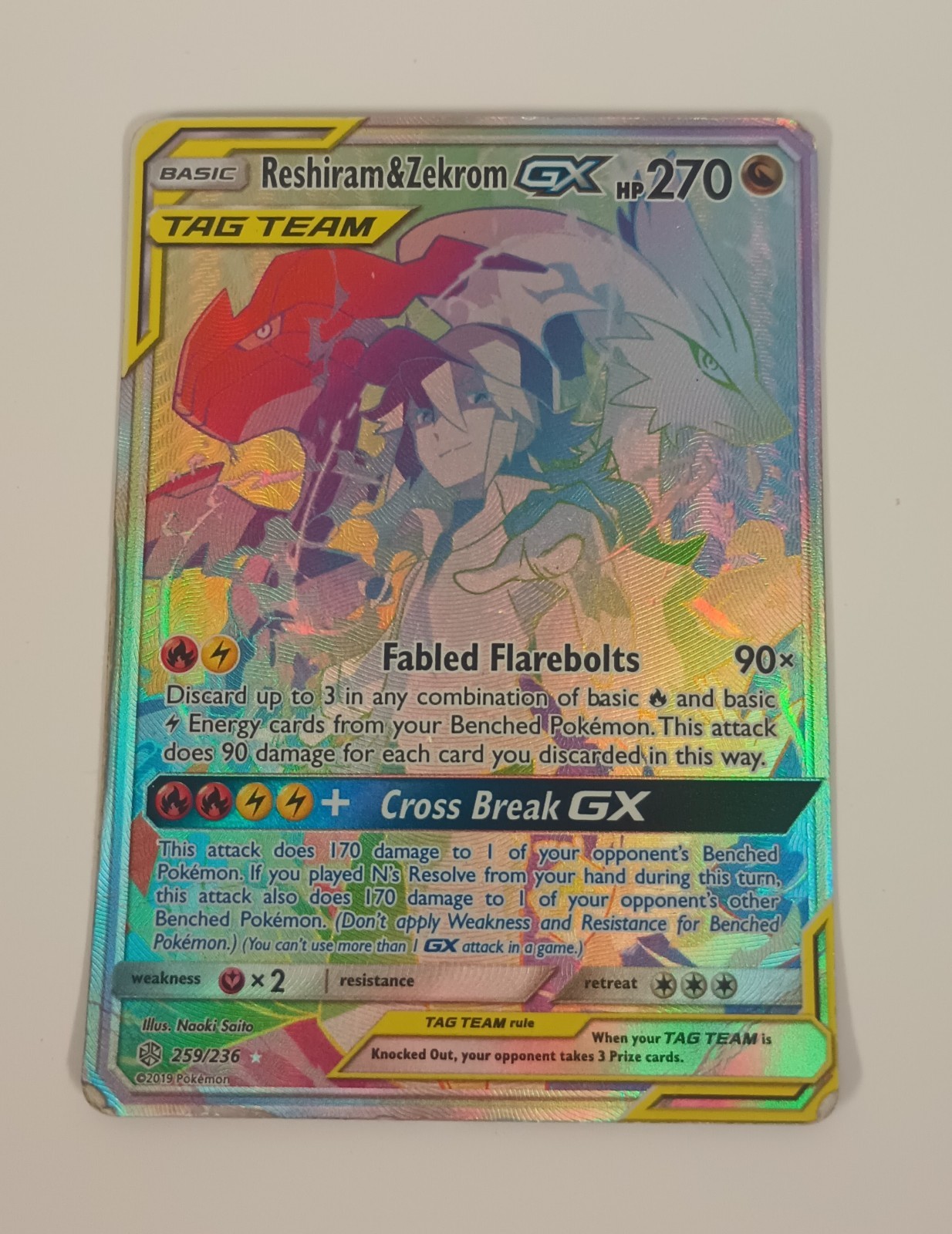 Pokemon TCG Reshiram & Zekrom GX 259/236 TAG TEAM Holo Eng Heavy DMG Read
