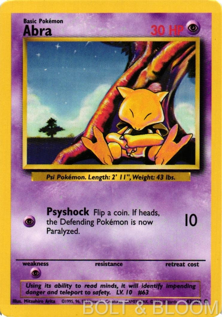 Abra 43/102 Common Base Set Unlimited Pokemon Heavily Played