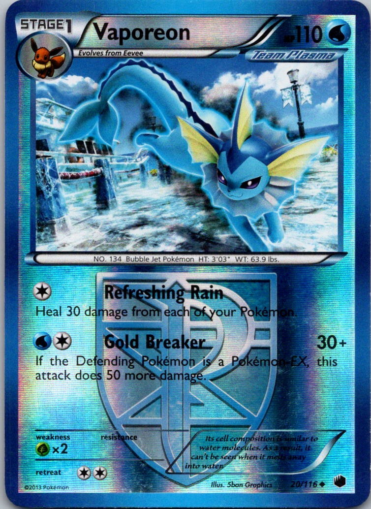2013 Black & White – Plasma Freeze Vaporeon REVERSE HOLO #20