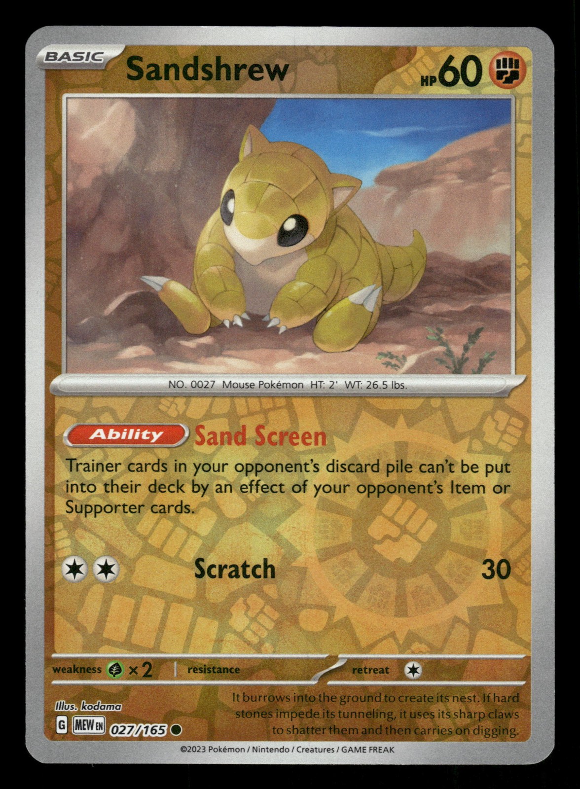 Sandshrew 027/165 Reverse Holo Scarlet & Violet 151 NM