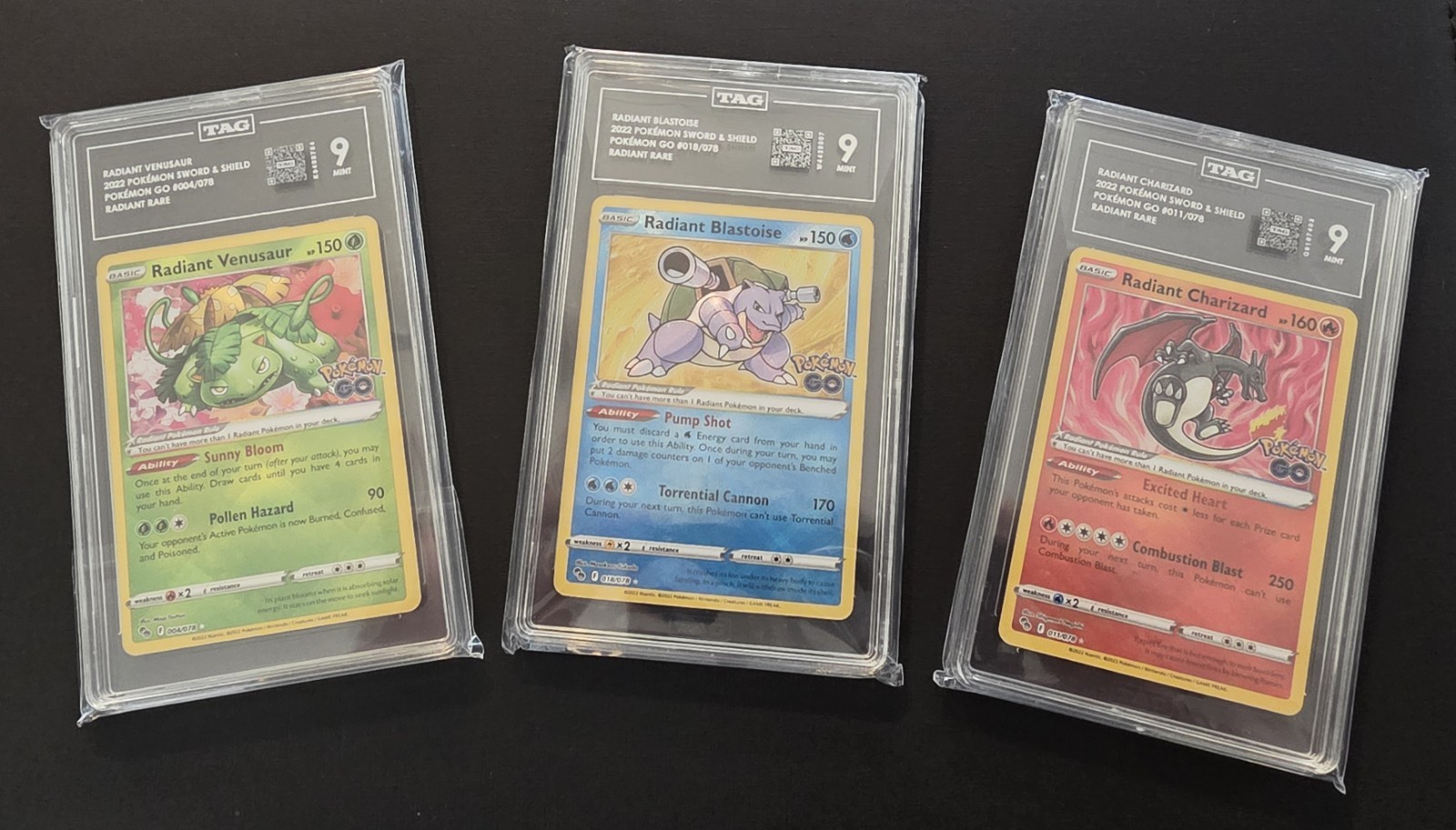 TAG Pokémon GO Radiant Trio – Charizard, Venusaur, Blastoise Graded TAG 9