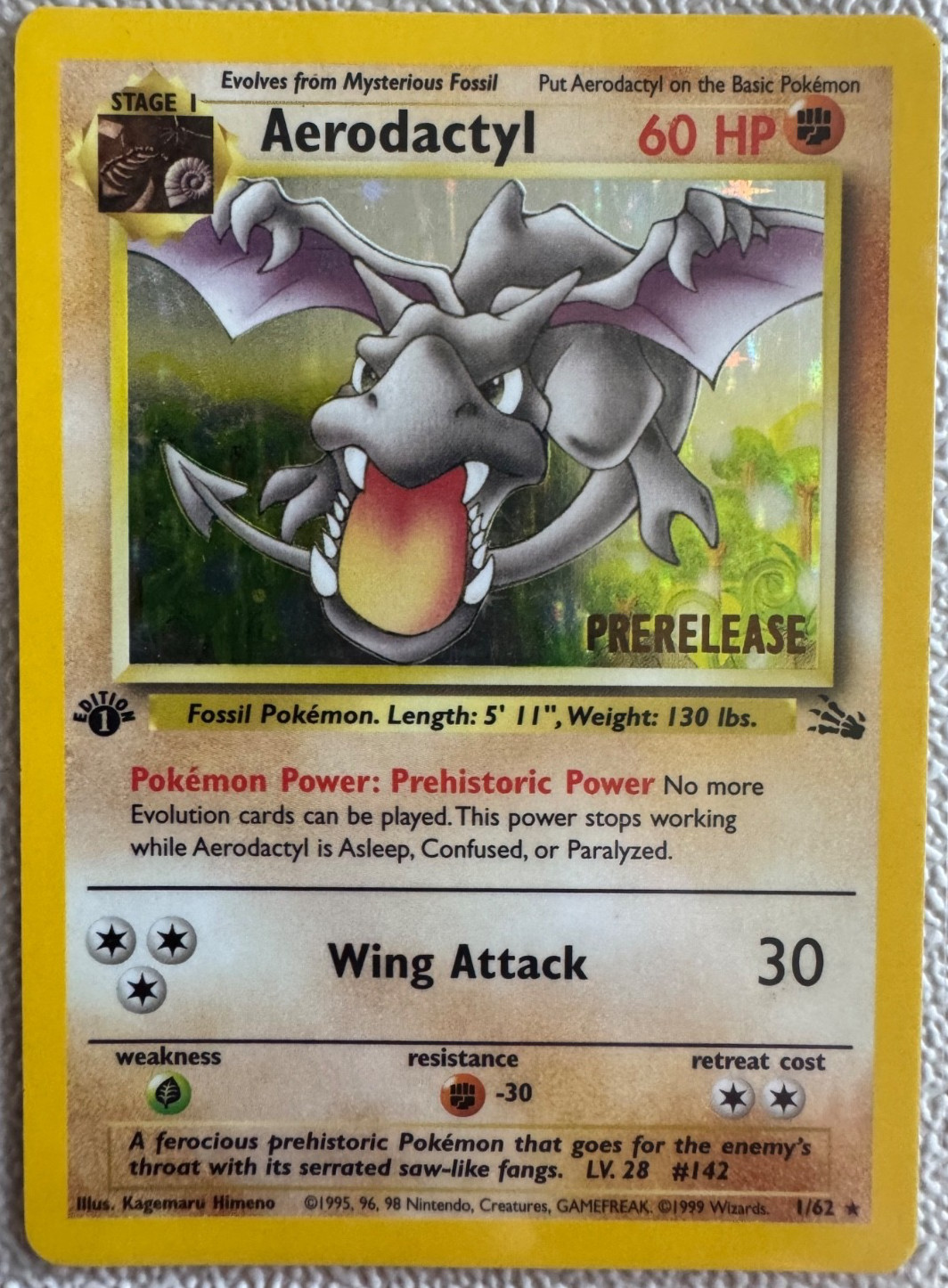 Aerodactyl – 1/62 – Prerelease 1st Edition – LP – Pokemon TCG – Holo – 1999
