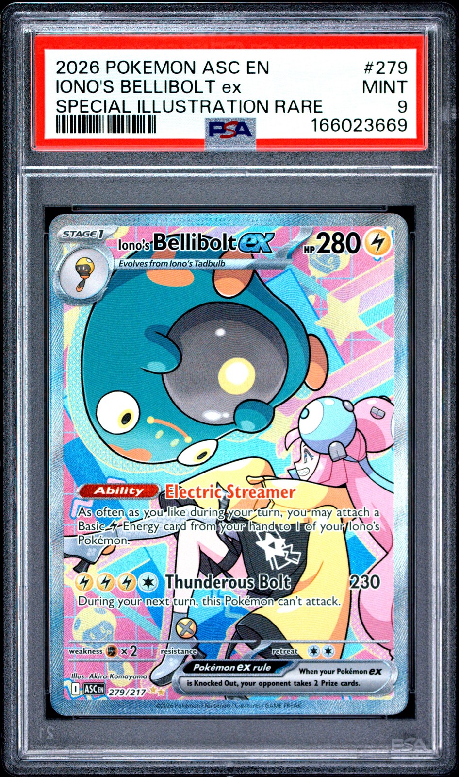 Iono’s Bellibolt EX 279 Special Illustration Rare Ascended Heroes Pokemon PSA 9