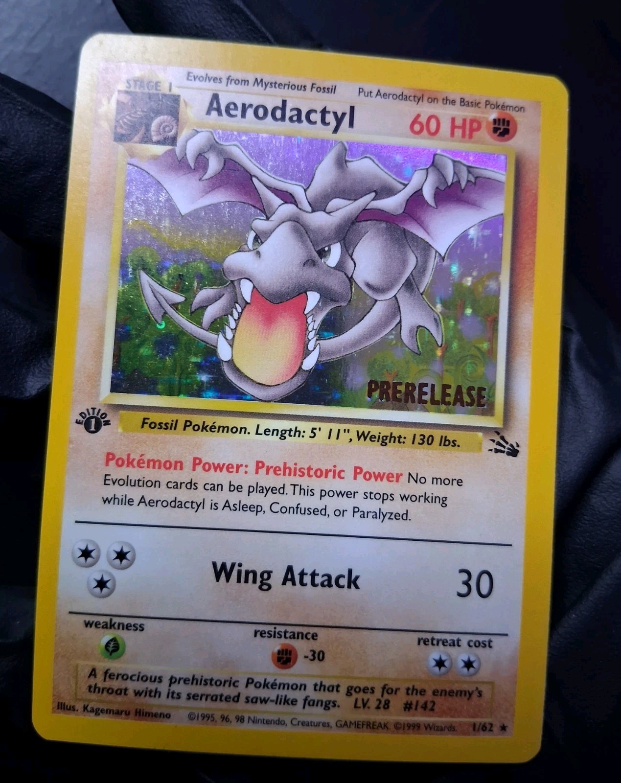 AERODACTYL Prerelease Pokemon Card – WOTC – 1st Edition Fossil 1/62 HOLO LP (B)