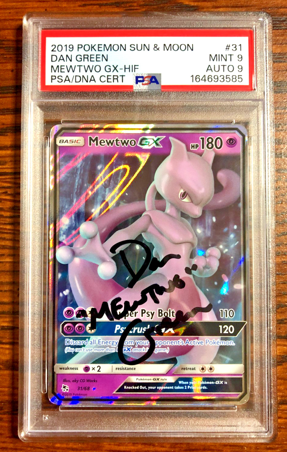 Mewtwo GX Ultra Rare #31|PSA MINT 9-AUTO 9|Dan Green|Hidden Fates|Pokemon TCG