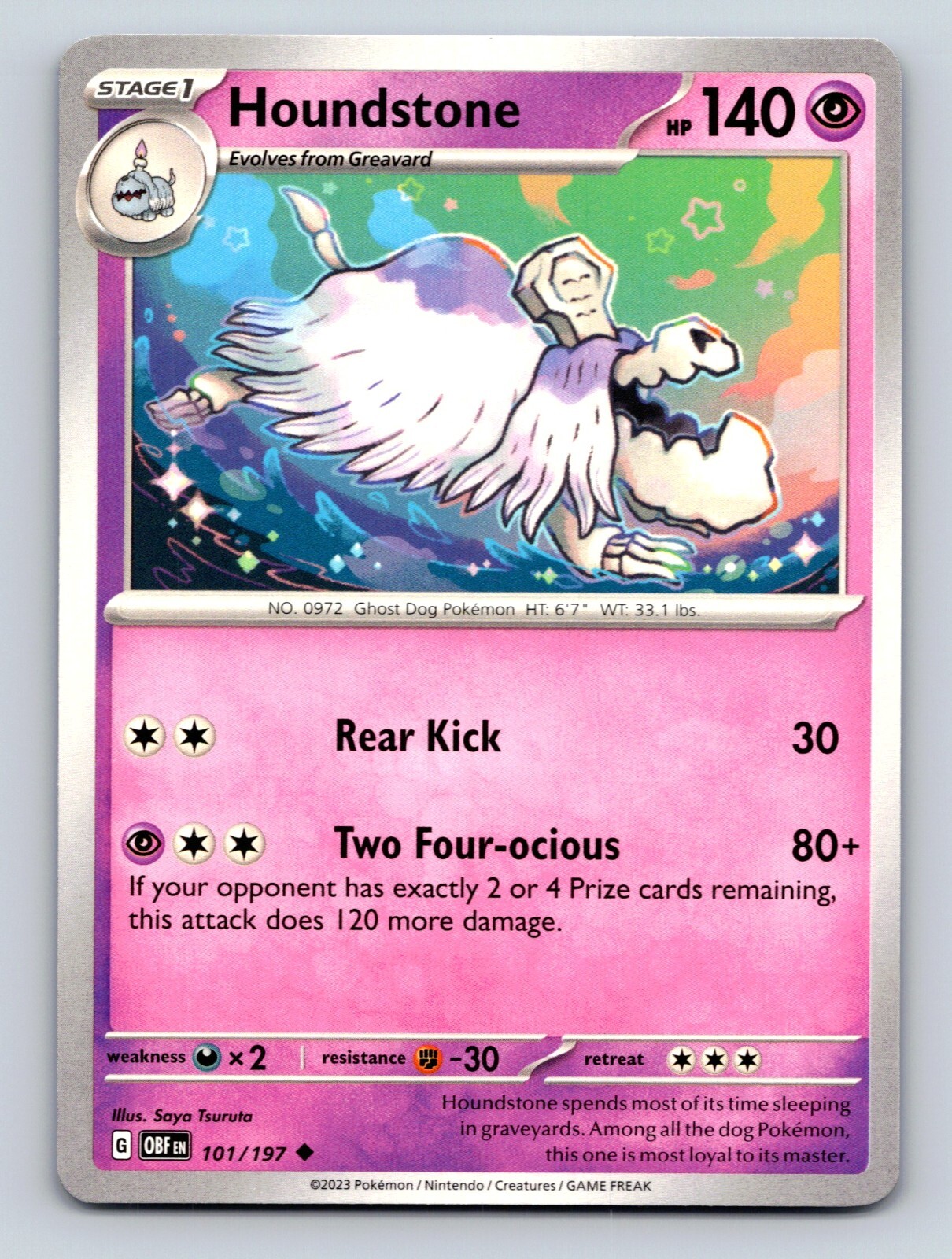 Houndstone HP 140 Two Fourocious Attack Rarity Pink Pokémon Card