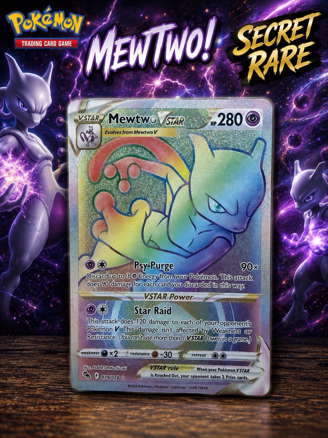 Pokémon Go Mewtwo VSTAR Rainbow Secret Rare TCG Card 079/078