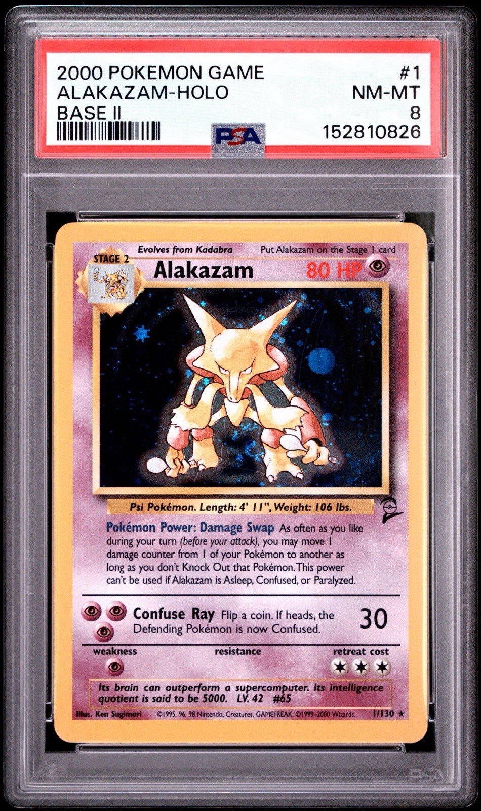 SWIRL Pokemon Alakazam 1/130 Base Set 2 Holo Psa 8 NM-MT