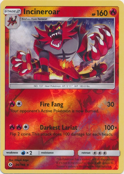 Incineroar – 26/149 – Rare – Reverse Holo Near Mint Sun & Moon: Base Set
