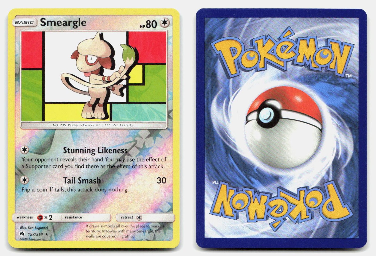 Smeargle 157/214 Rare Lost Thunder Pokemon Reverse Holo NM