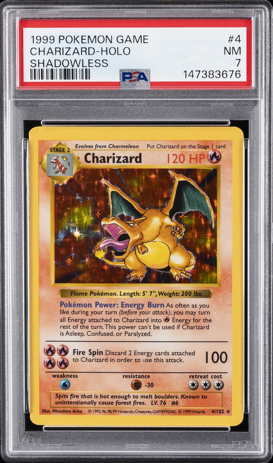 1999 POKEMON GAME SHADOWLESS #4 CHARIZARD-HOLO PSA 7