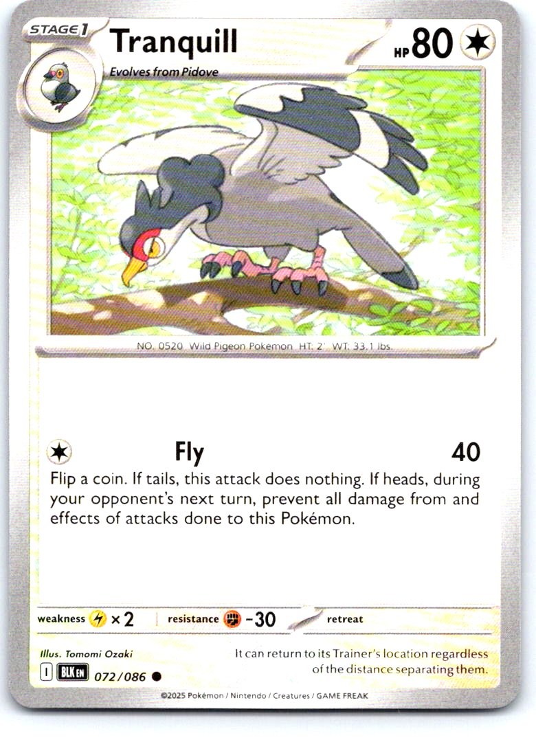 Tranquill 072/086 Common Black Bolt Pokemon Near Mint