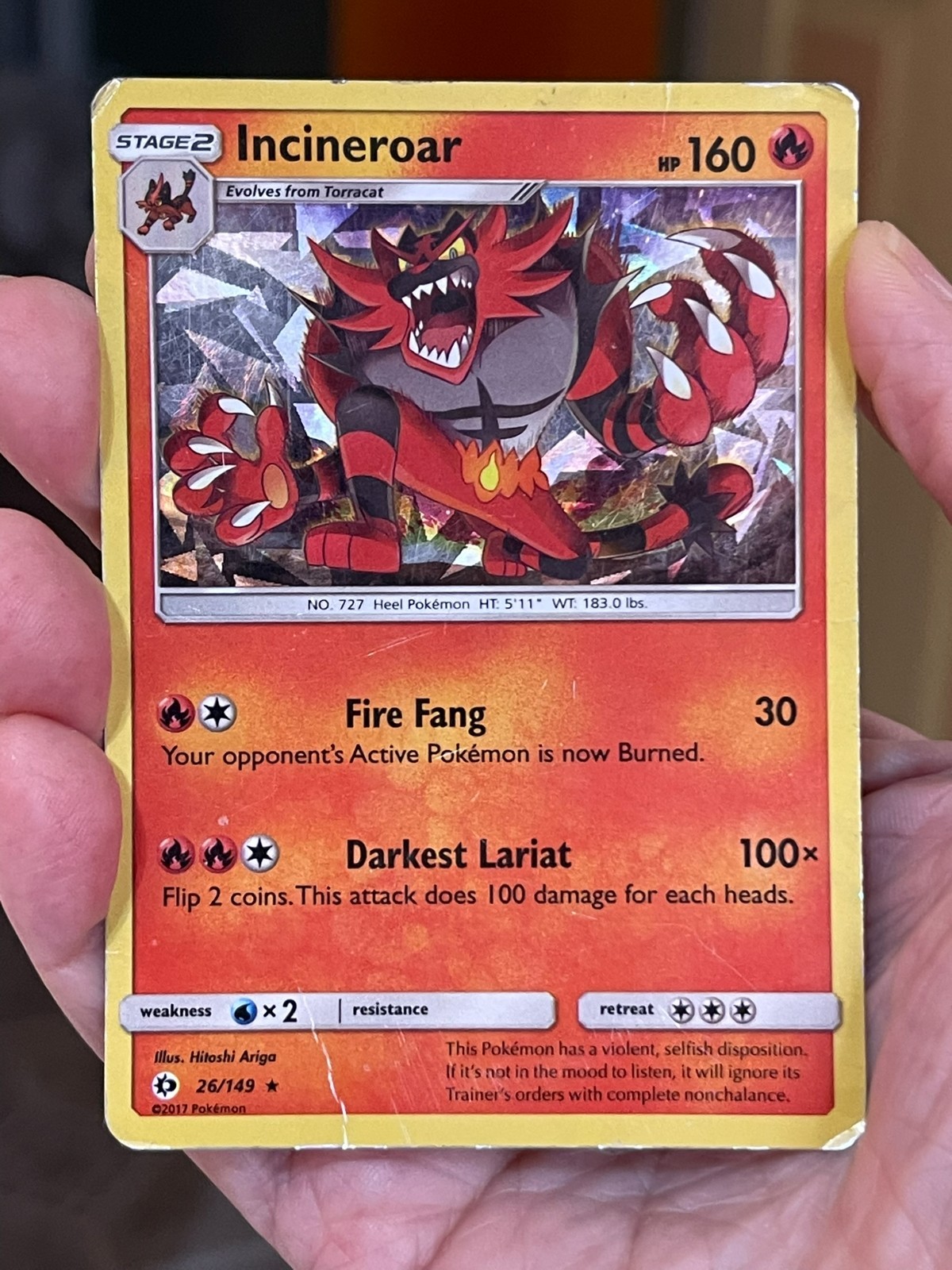 POKEMON INCINEROAR 26/149 RARE CRACKED ICE HOLO SUN & MOON HP CARD