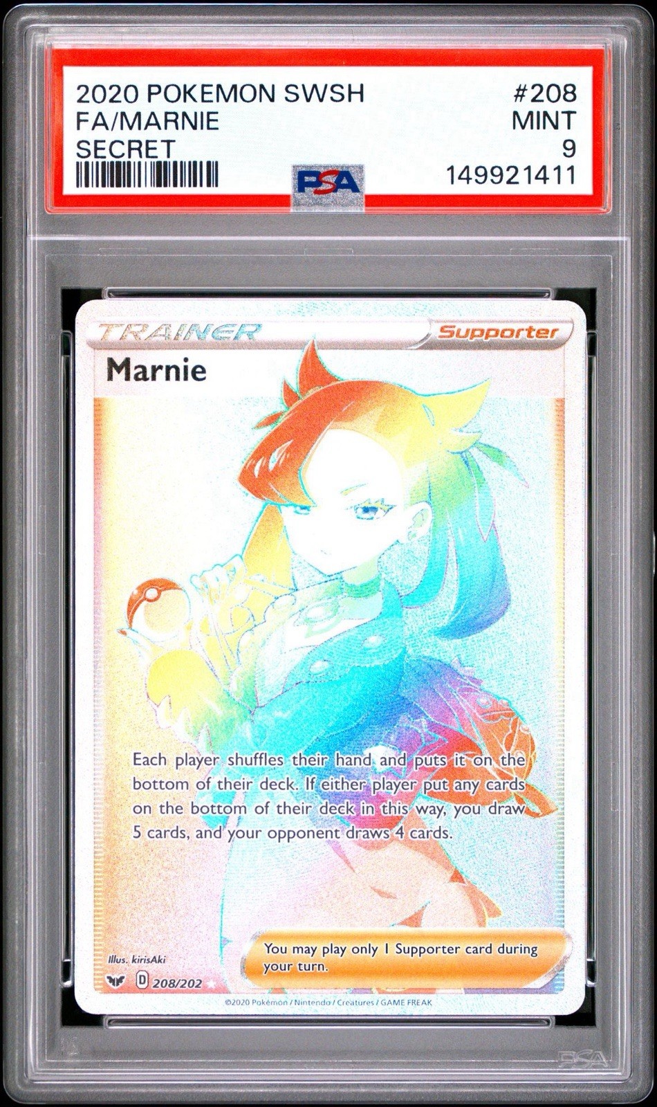 PSA 9 MARNIE FULL ART SECRET RARE 208/202 SWORD SHIELD BASE POKEMON CARD