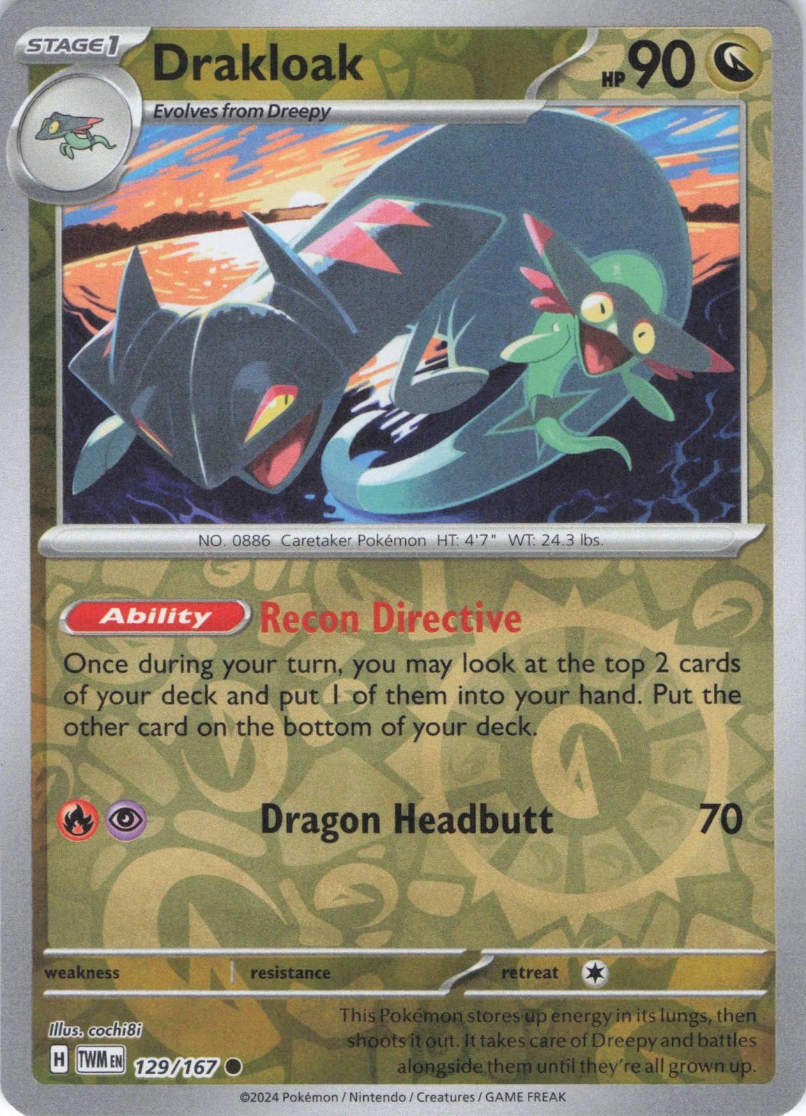 Drakloak 129/167 Common Reverse Holo from Twilight Masquerade in NM condition