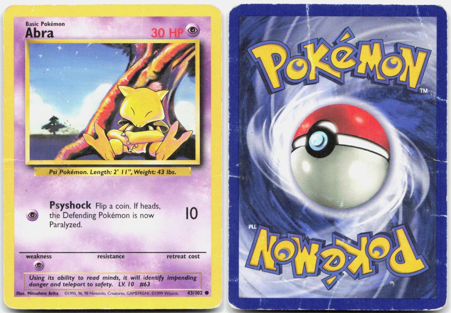 Abra 43/102 Common Base Set Unlimited Pokemon DMG