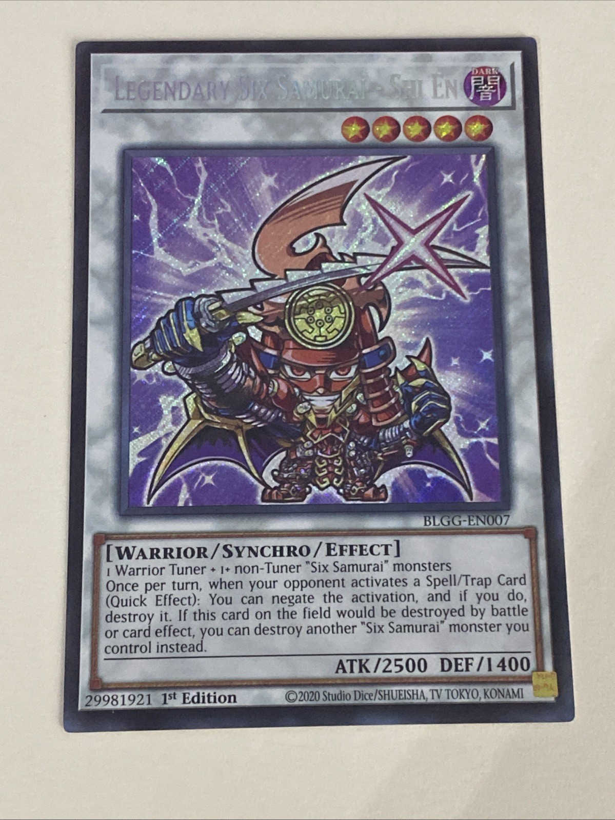 Yugioh Legendary Six Samurai Shi En – 1st Secret Rare Chibi Art NM Free Holo – A