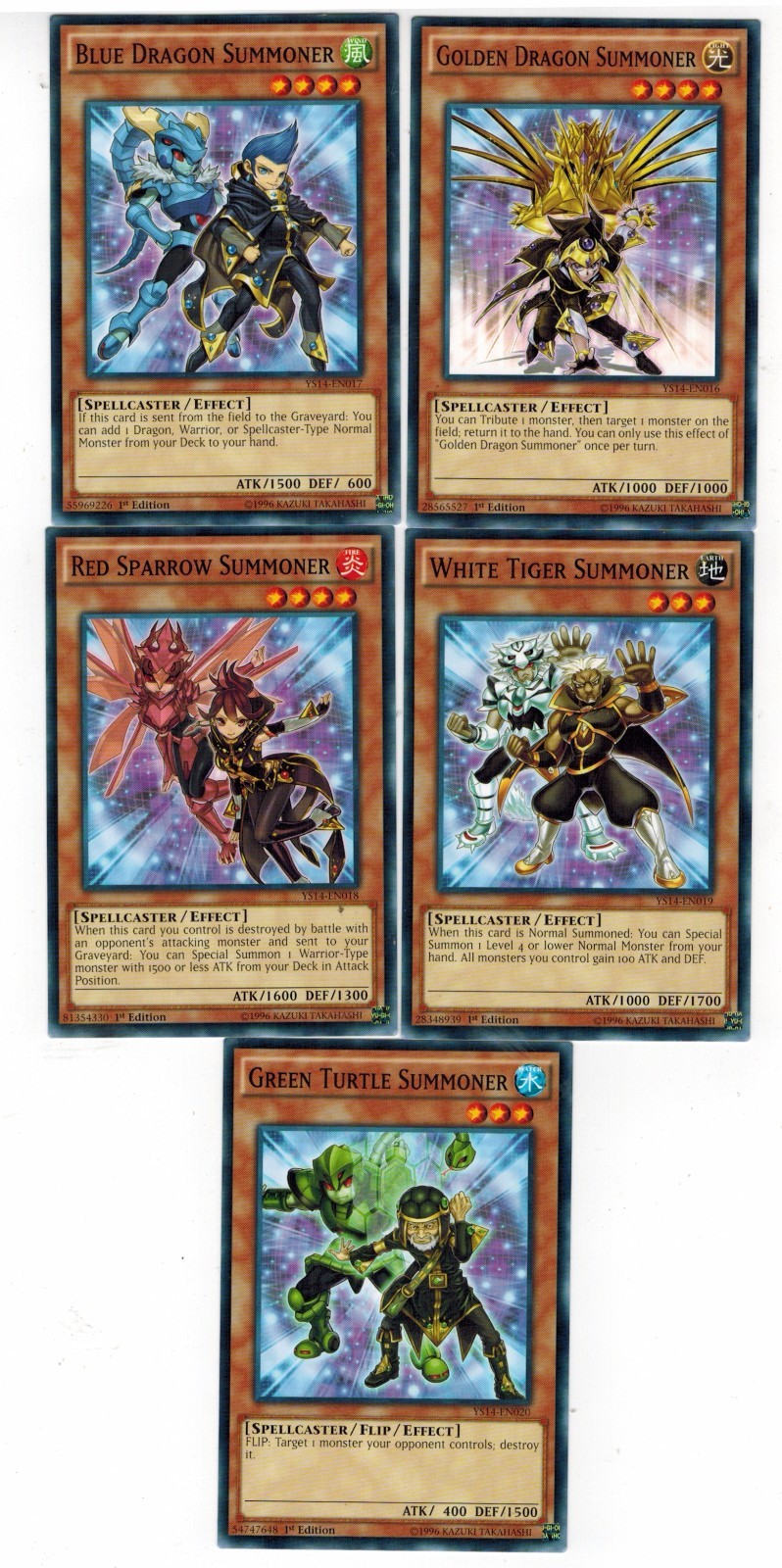 5-card set: Blue Dragon Summoner_Golden Dragon_ Green Turtle_Red Sparrow_Tiger
