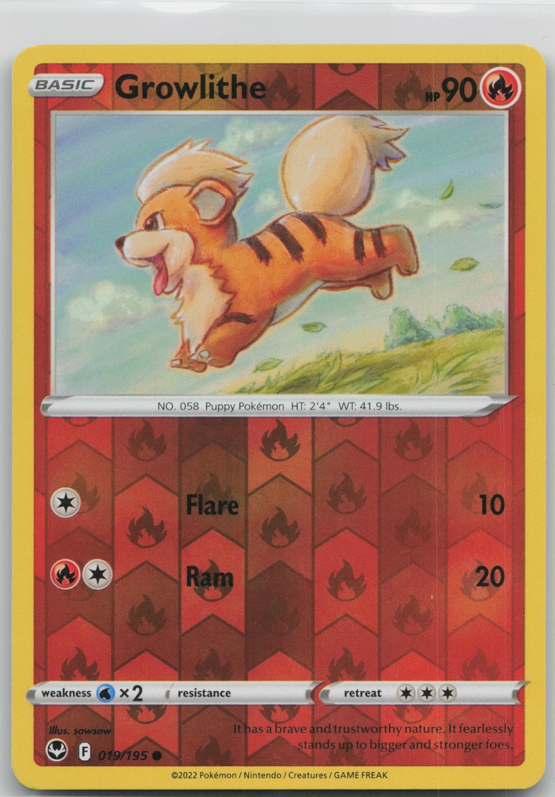 Growlithe Common Fire SWSH12: Silver Tempest 019/195 LP 2022 sowsow Reverse Holo