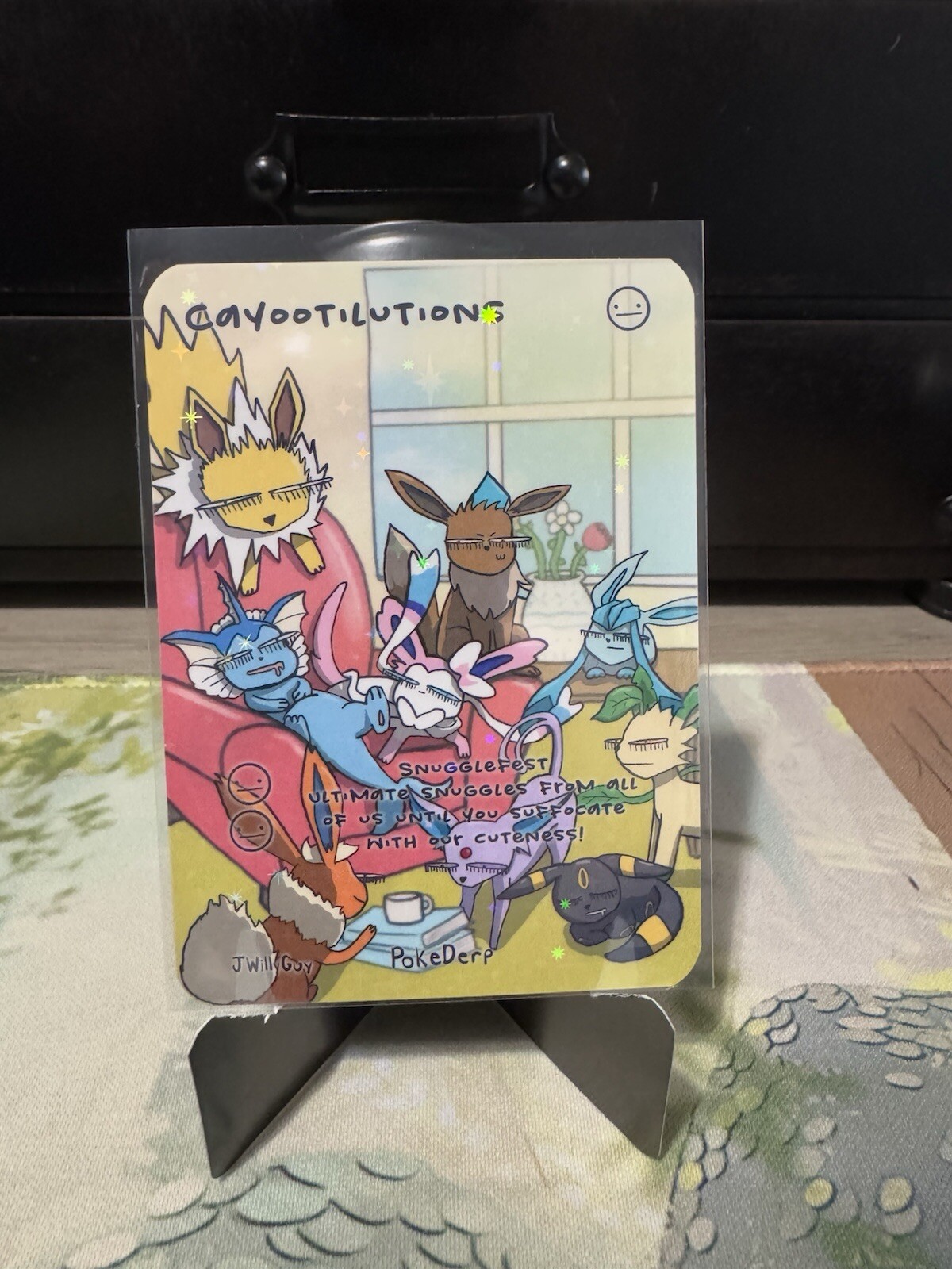 HOLO Pokederp Cayootilutions – Eevee Eeveelution Fan Art Custom Derpy Card