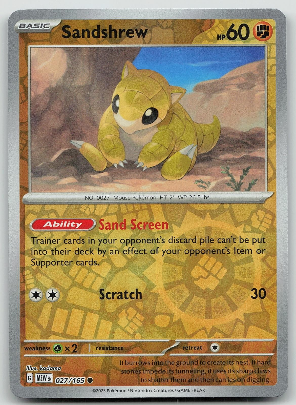 Pokemon Sandshrew 027/165 151 Common Reverse Holo NM