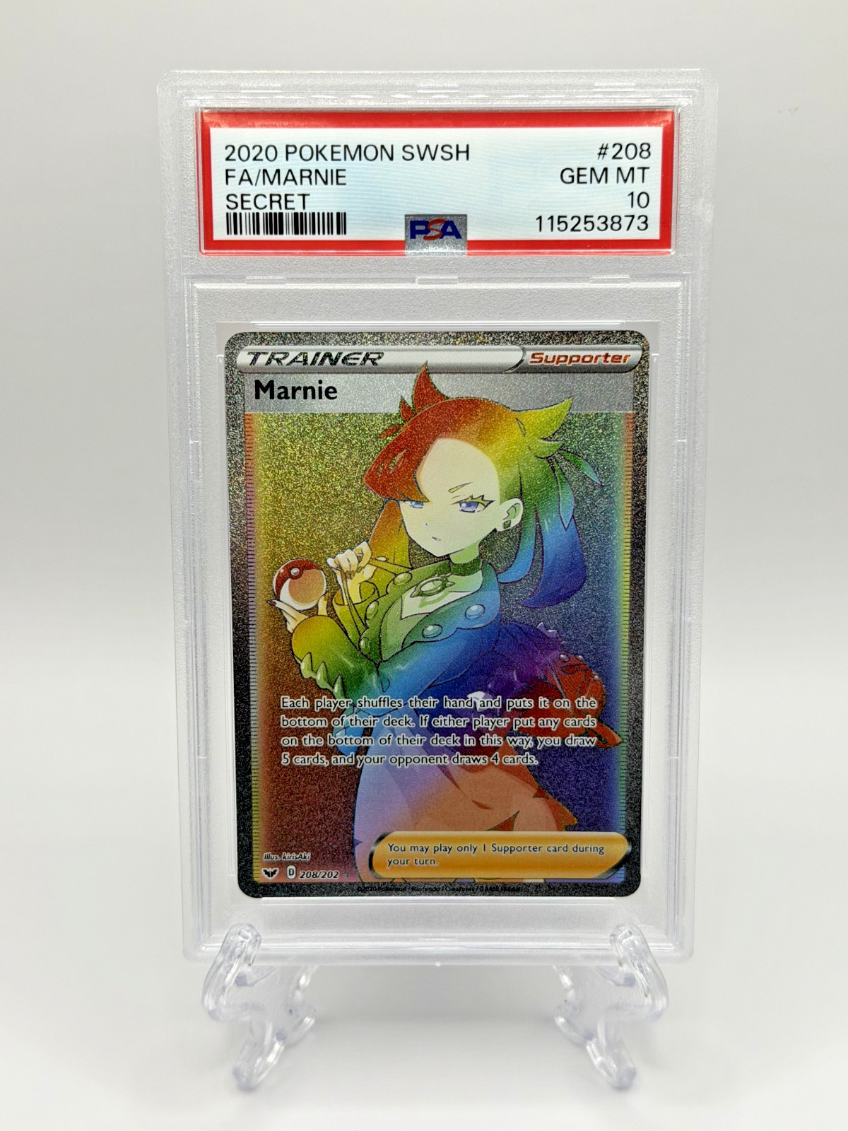 2020 Pokemon Sword & Shield Marnie Full Art ~ Secret Rare ~ 208/202 ~ PSA 10 Gem