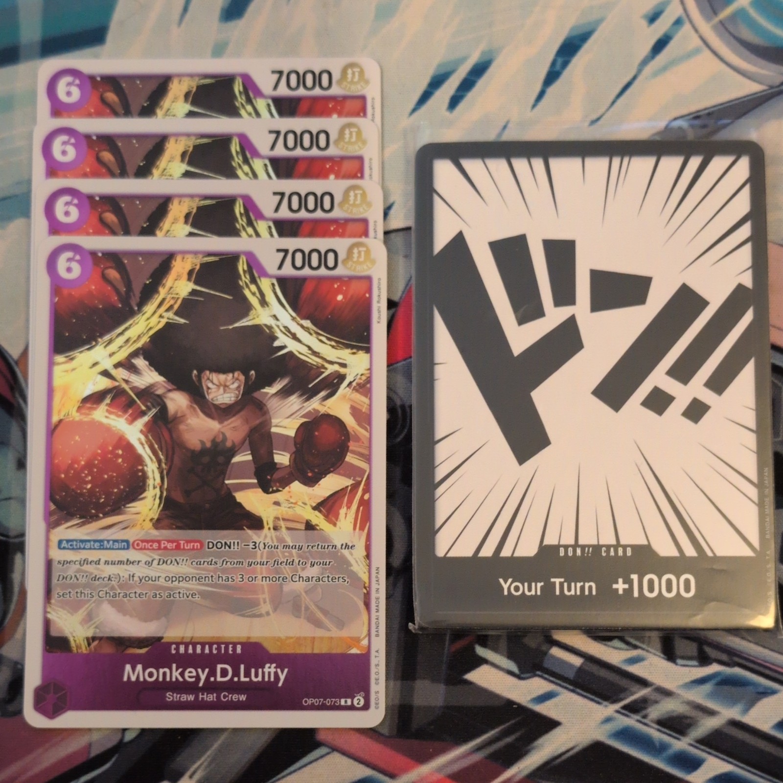 4 x Monkey.D. Luffy OP07-073 R One Piece Mint Foil & 10 x Std Don!! Cards Mint