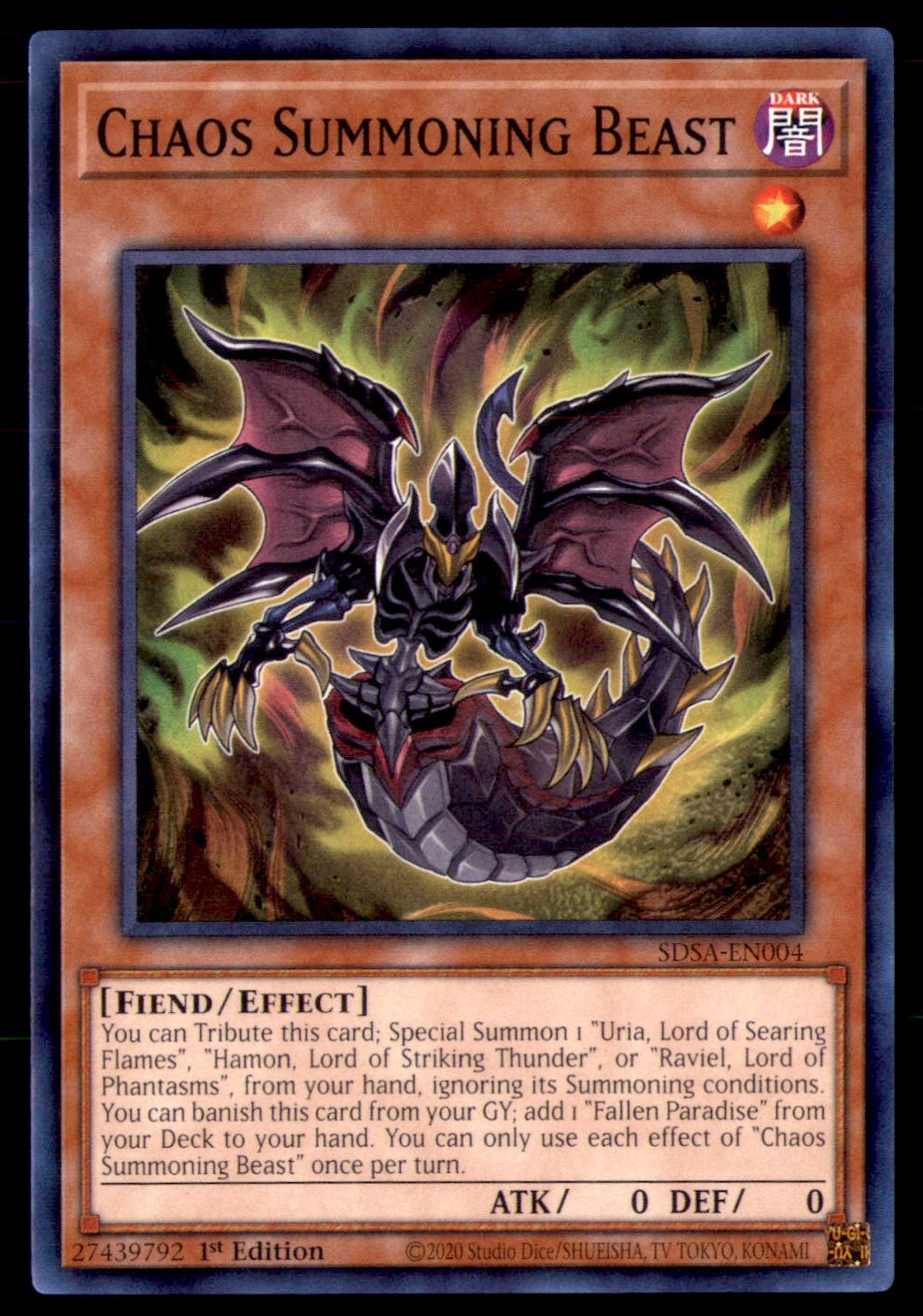 Yu Gi Oh! CHAOS SUMMONING BEAST SDSA EN004 SDSA 1st Edition