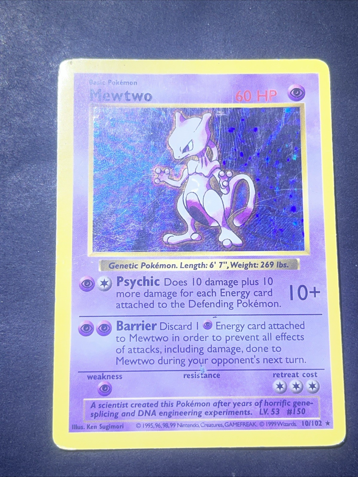 Pokémon TCG Mewtwo 10/102 Base Set Unlimited Shadowless Holo WOTC Vintage hp