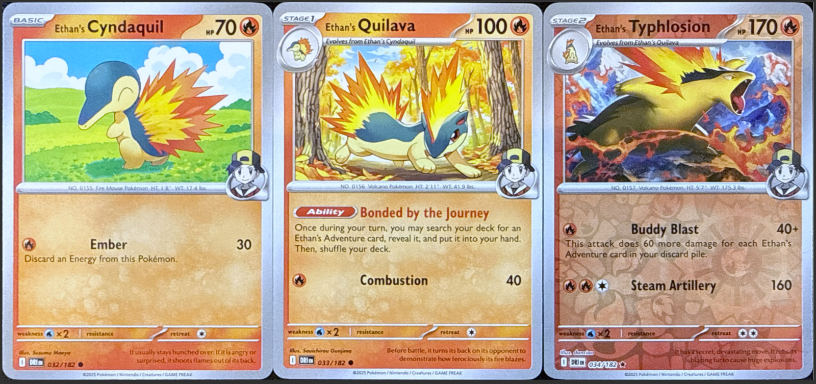 Ethan’s Cyndaquil 032/182 + Ethan’s Quilava 033 + Ethan’s Typhlosion – 034/182
