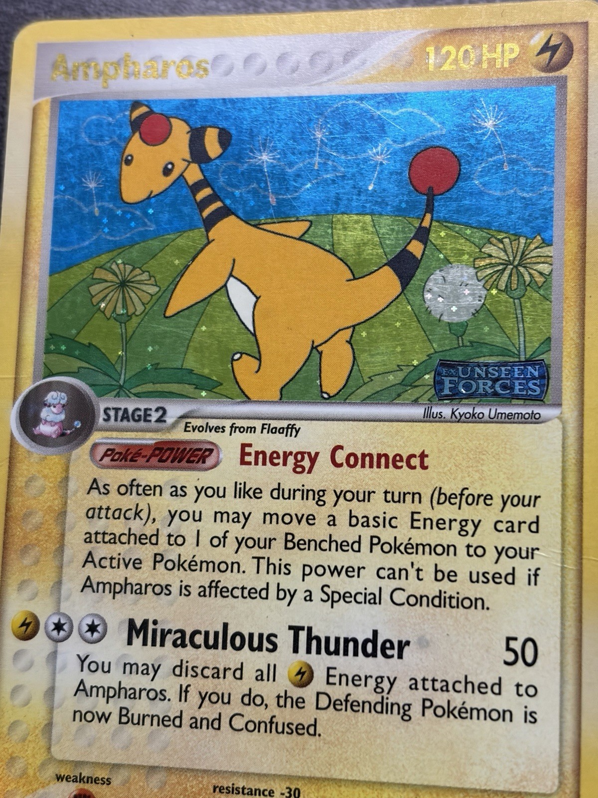 2005 AMPHAROS Pokemon Card #1 1/115 Unseen Forces Reverse Holo Stamped MP