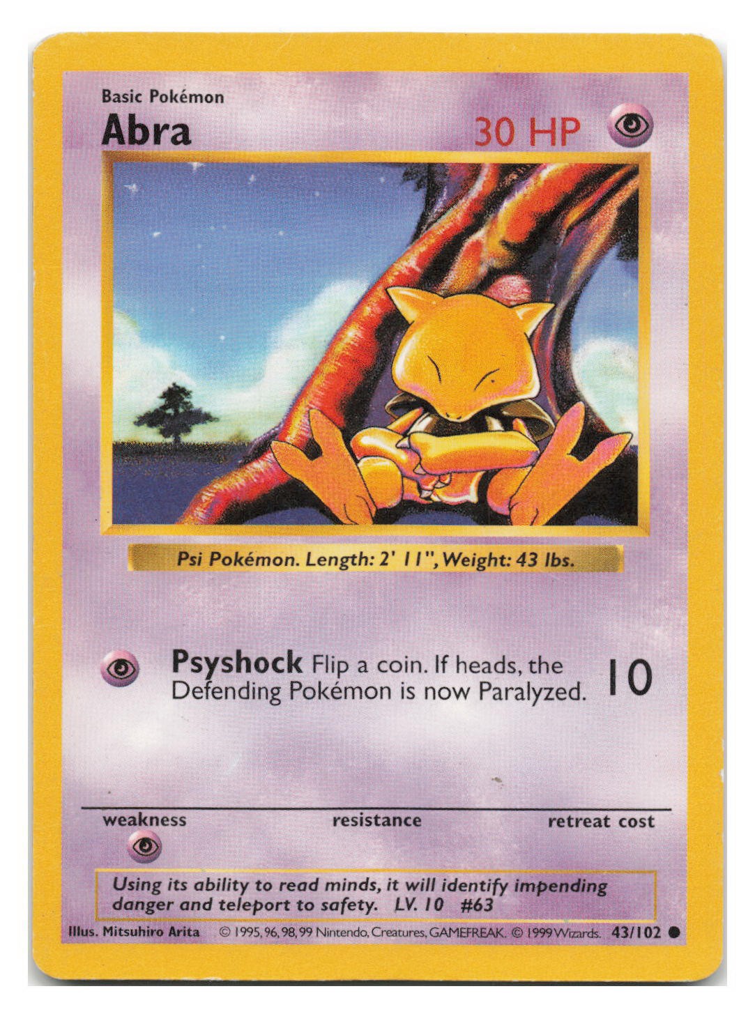 Abra 43/102 Common Base Set Shadowless Pokemon Unlimited 1999 MITSUHIRO ARITA